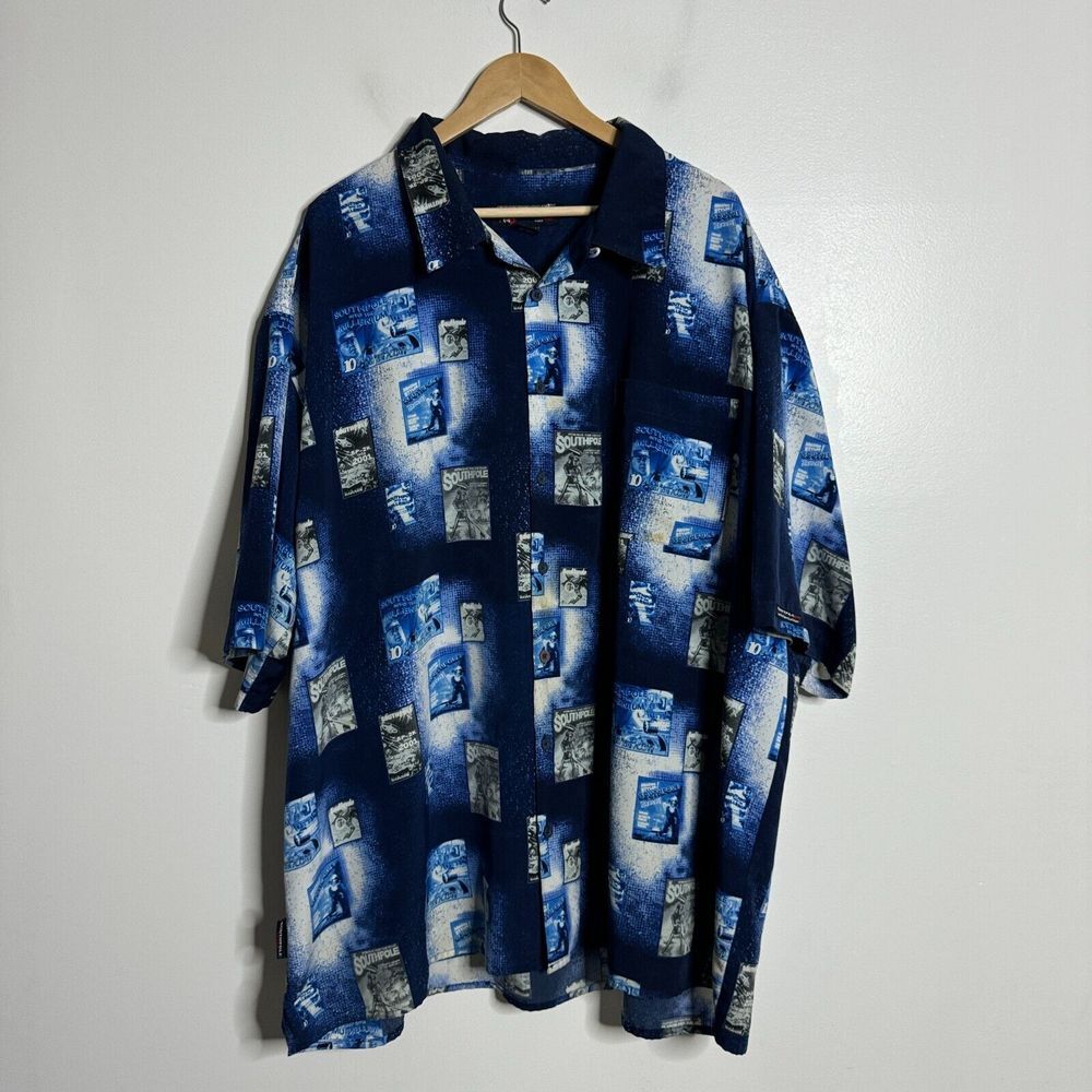 Southpole Full Button Short Sleeve Mens 3XL Blue‎ Print Logo